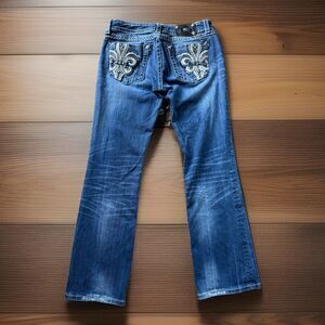 🔥Women's Miss Me Boot Cut Perfect Fade & Fleur De Lis Denim Jeans 32